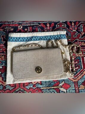 NWOT Tory Burch Canvas Metallic Beige Chain-Handle Crossbody Clutch